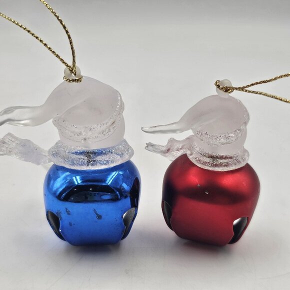 Glass Snowman On Bell Christmas Ornaments Holiday Decor Red Blue 2.25" Lot of 2 - Picture 3 of 6